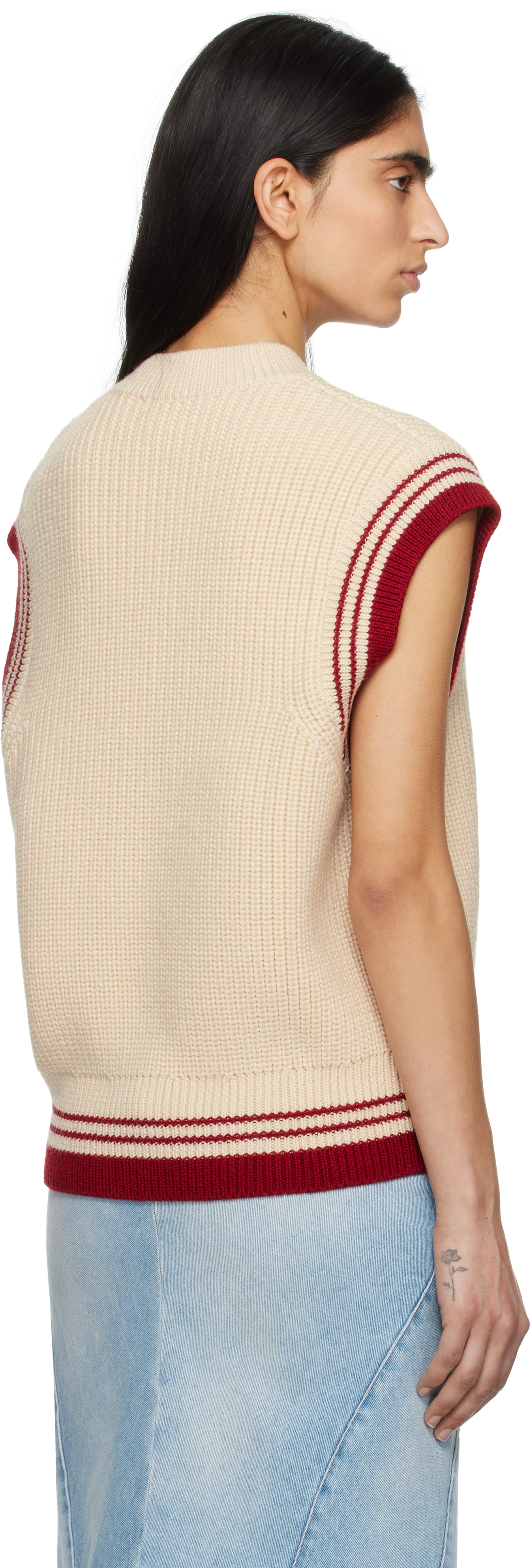 AMI Paris Beige Wool Ribbed Sleeveless V Neck Vest