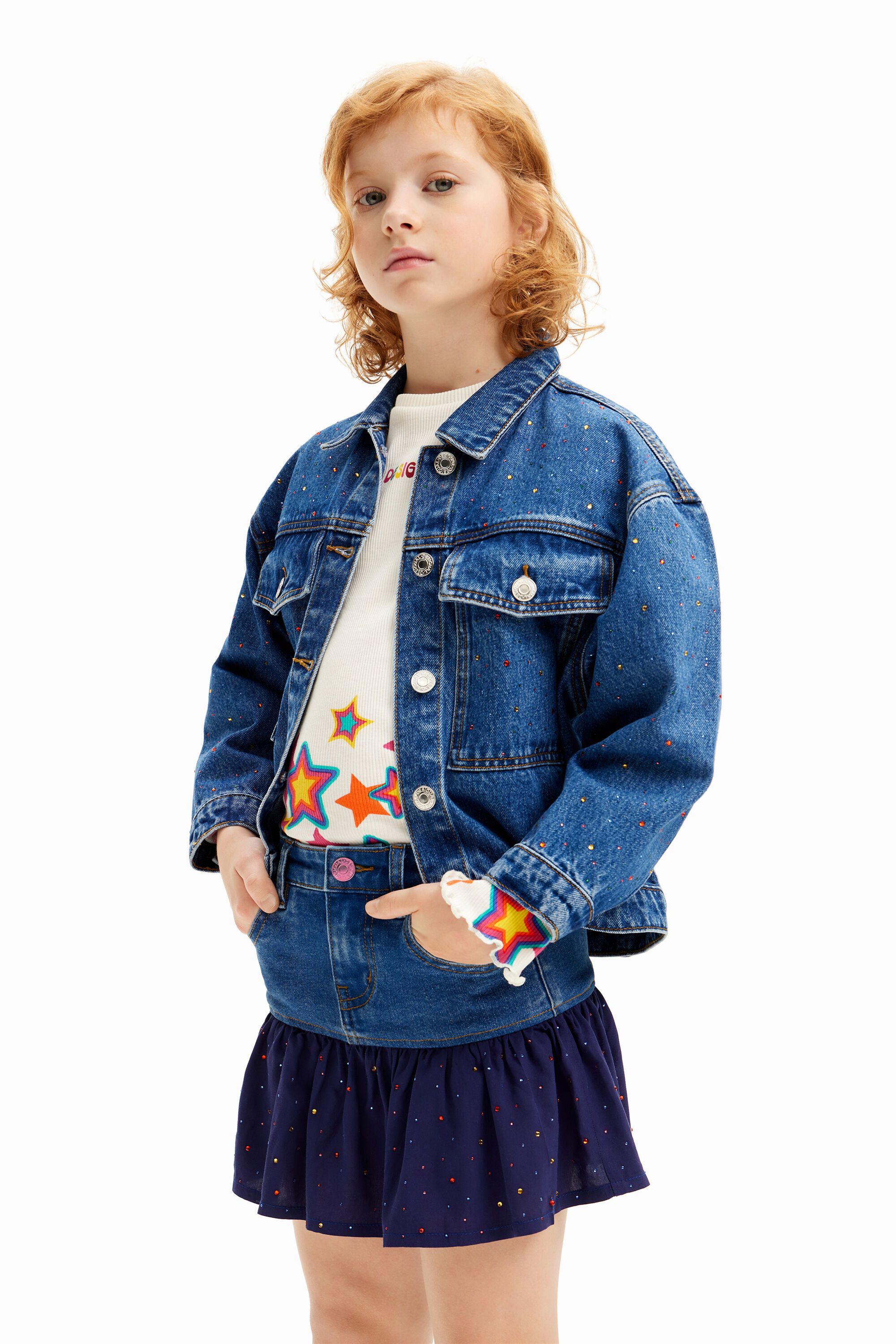 Denim mini skirt with ruffle and polka dot