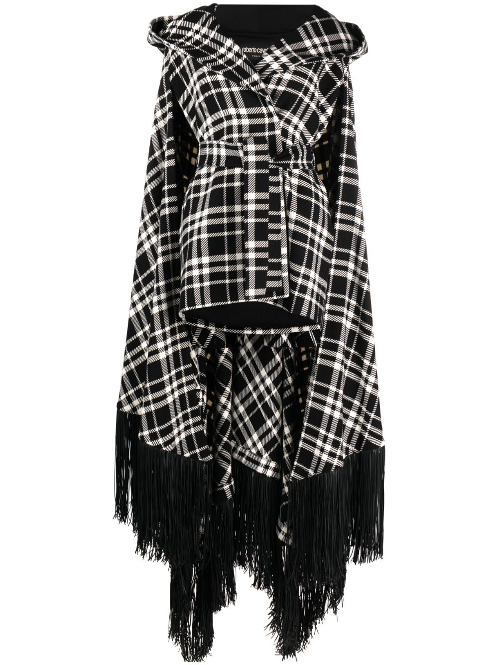 Frayed-hem plaid hooded cape - Black