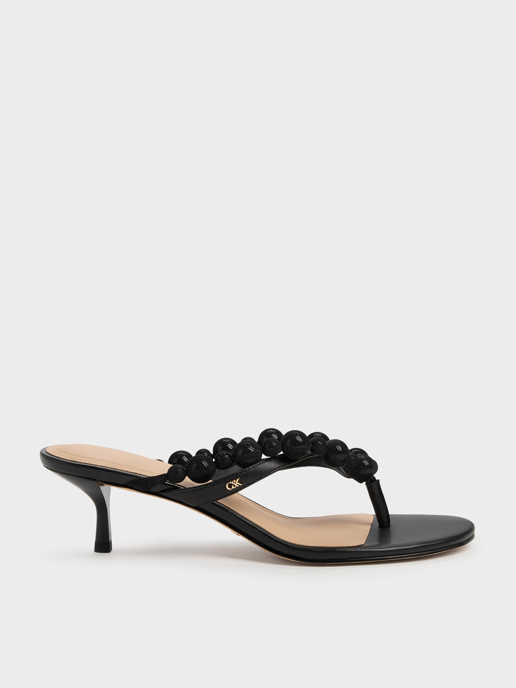 Charles & Keith - Leather Beaded Thong Kitten Heels