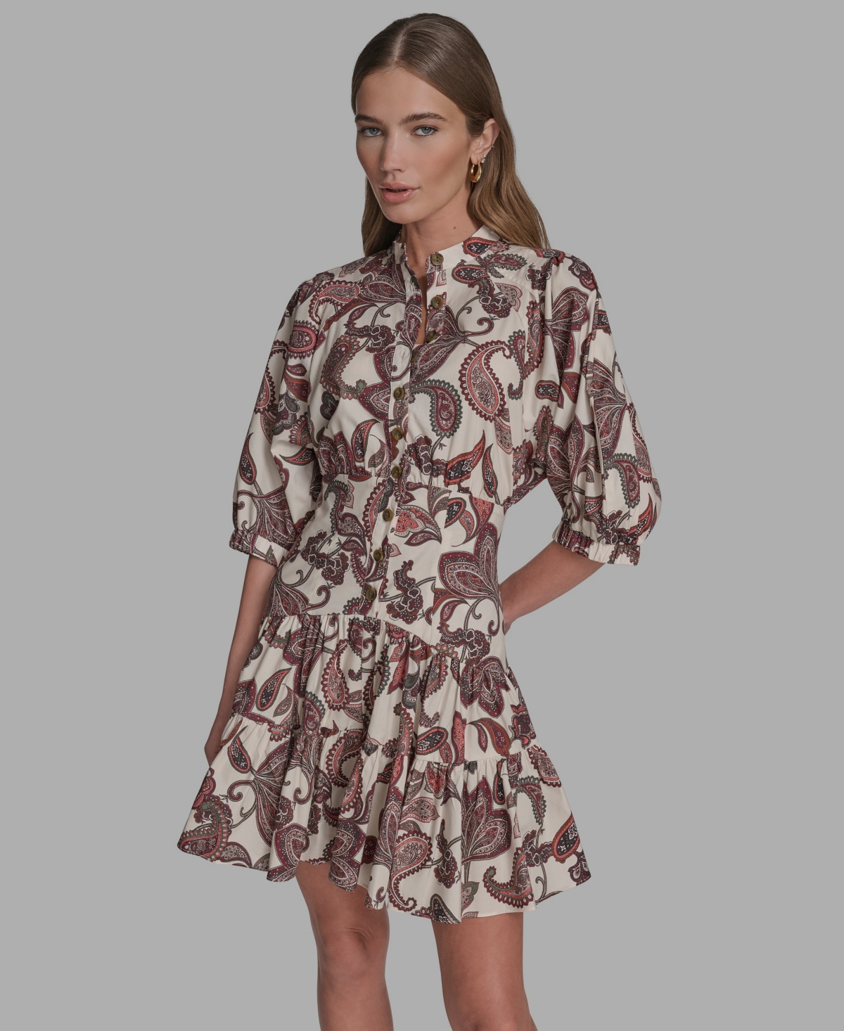 Women's Collared Short-Sleeve Fit & Flare Dress - Dark Cream/Orchid Bloom