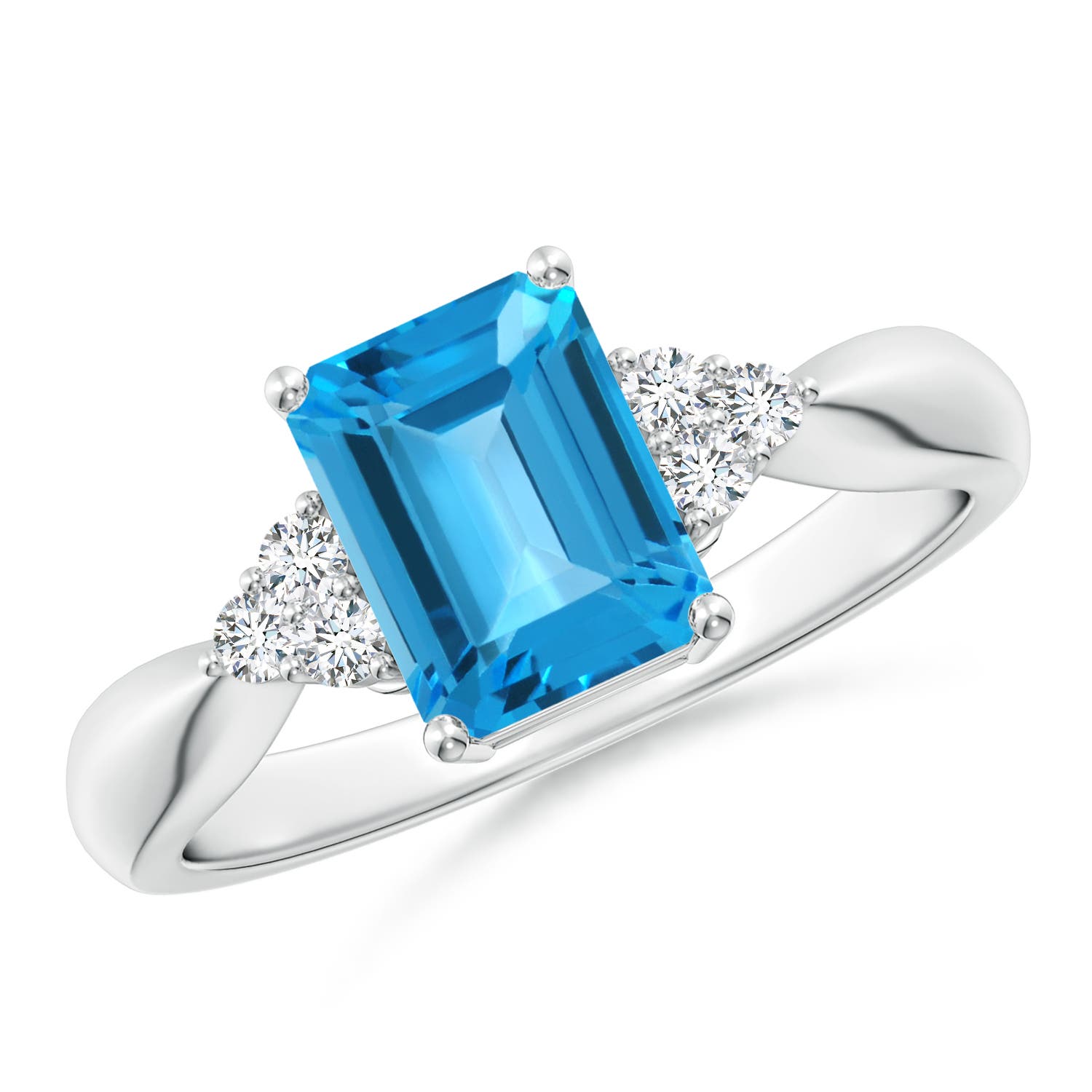 Angara 1.95 Carats Emerald-Cut Swiss Blue Topaz Ring with Trio Diamonds in Platinum
