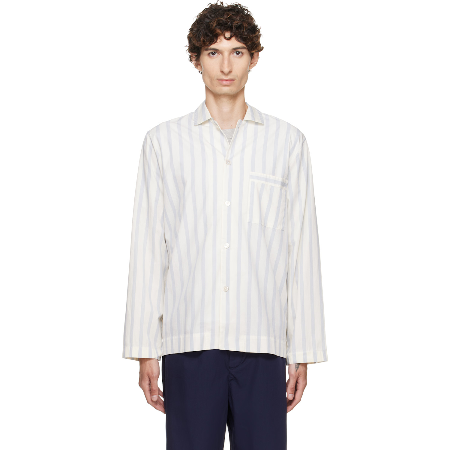 Off-White & Blue Poplin Long-Sleeved Pyjama Shirt
