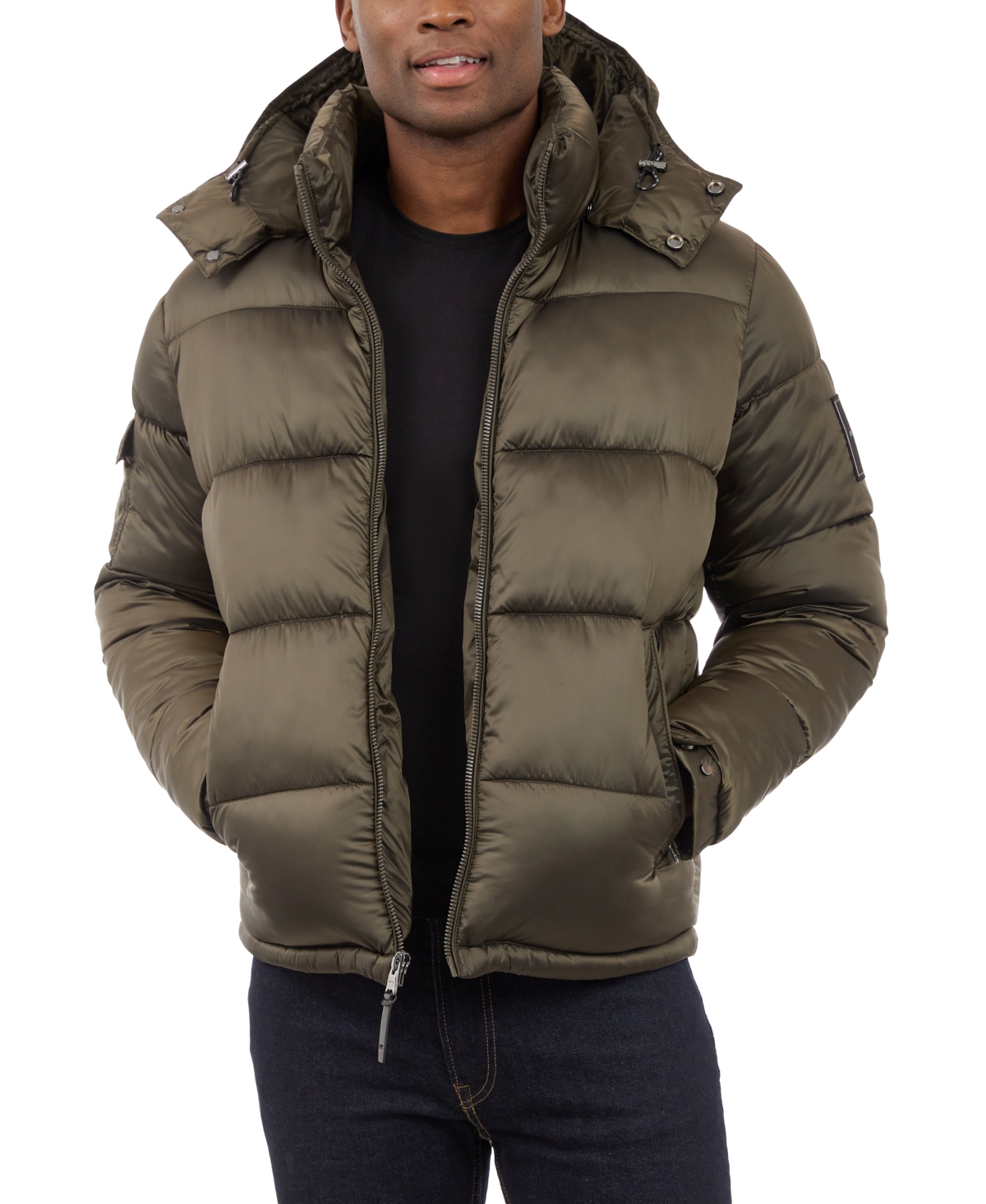 Men's Heavyweight Metallic Finish Hooded Puffer Jacket - Olive