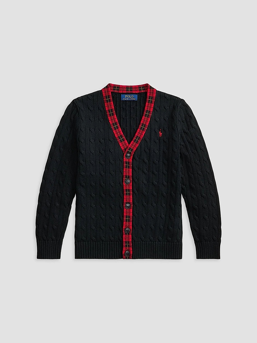 Boy's Little Boy's & Boy's Plaid-Trim Cable Cotton Cardigan - Polo Black Multi