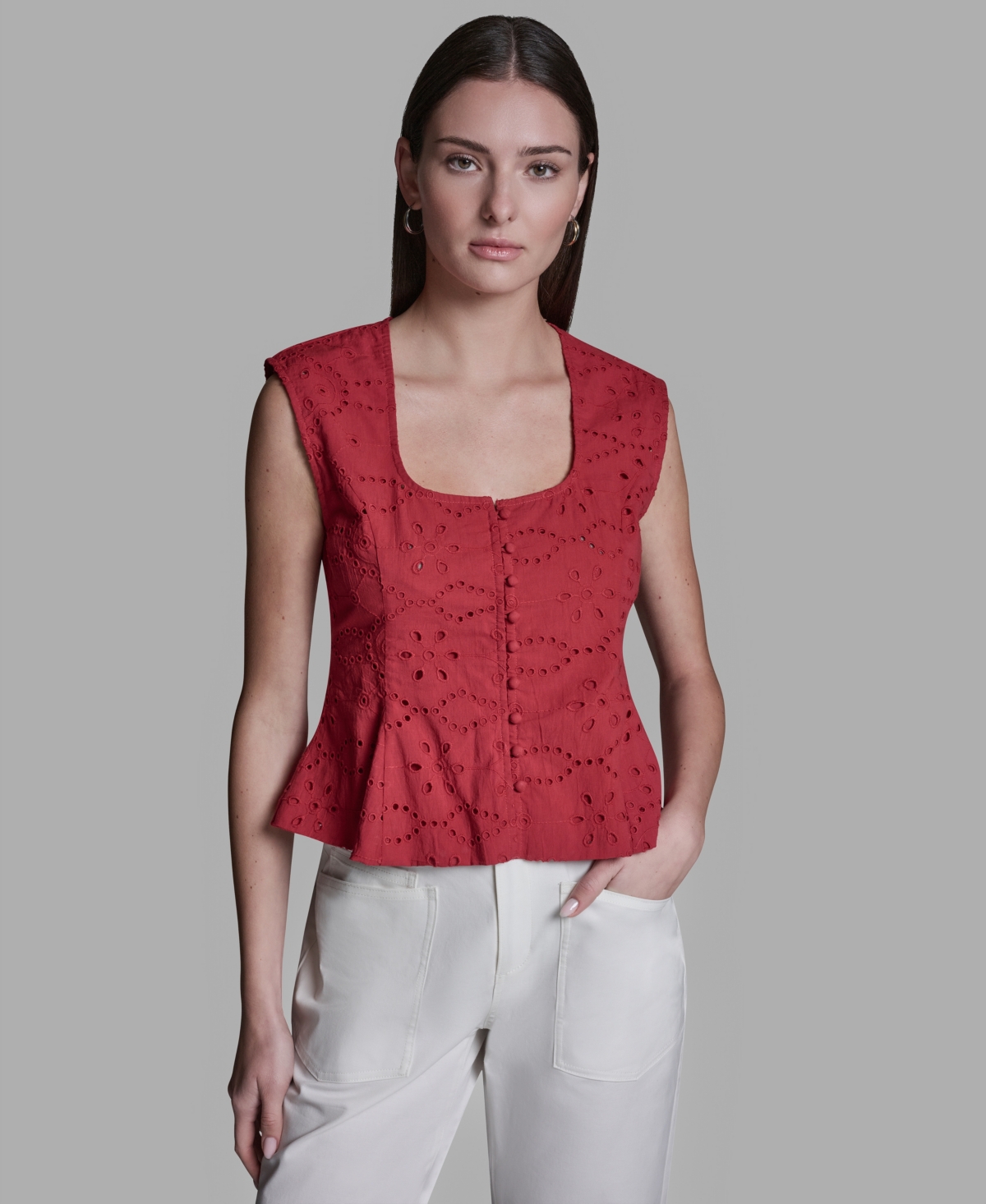 Women's Eyelet Detail Sleeveless Square Neck Peplum Top - Rouge Amour