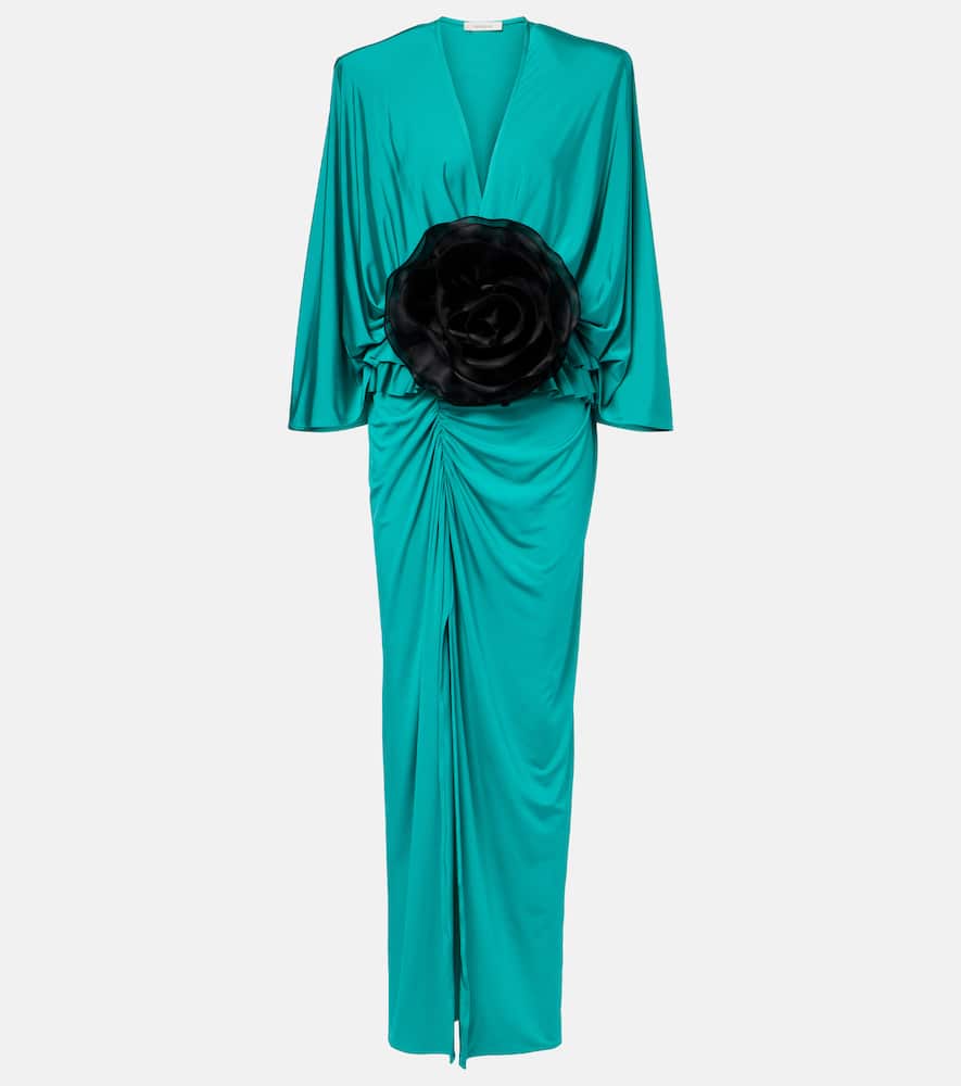 Floral-appliqué jersey maxi dress