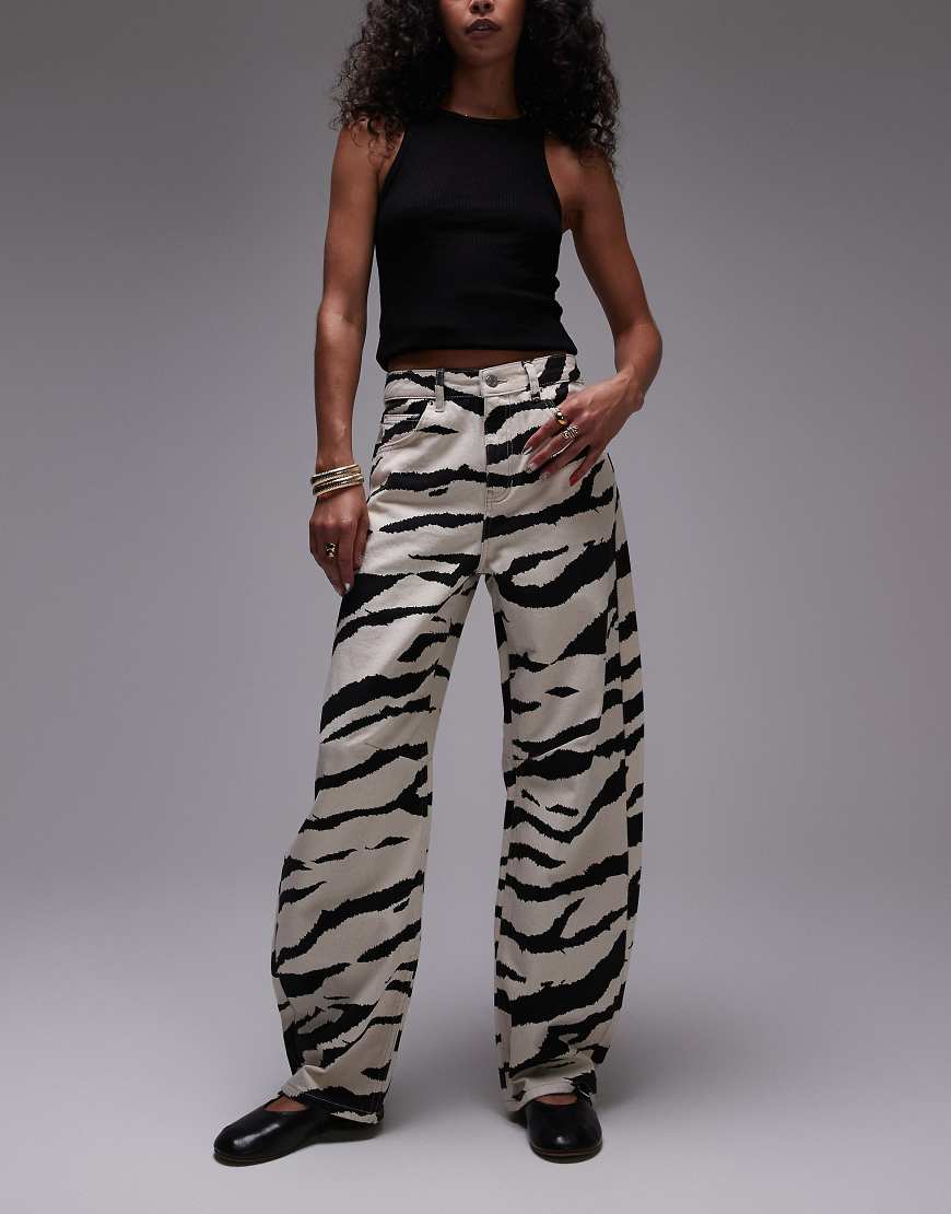 Barrel leg mid rise jeans in zebra print-Multi