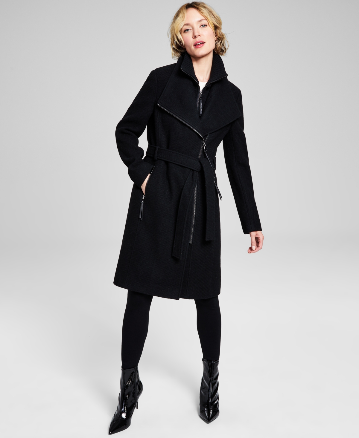 Womens Wool Blend Belted Wrap Coat, Created for Macys - Black Twill