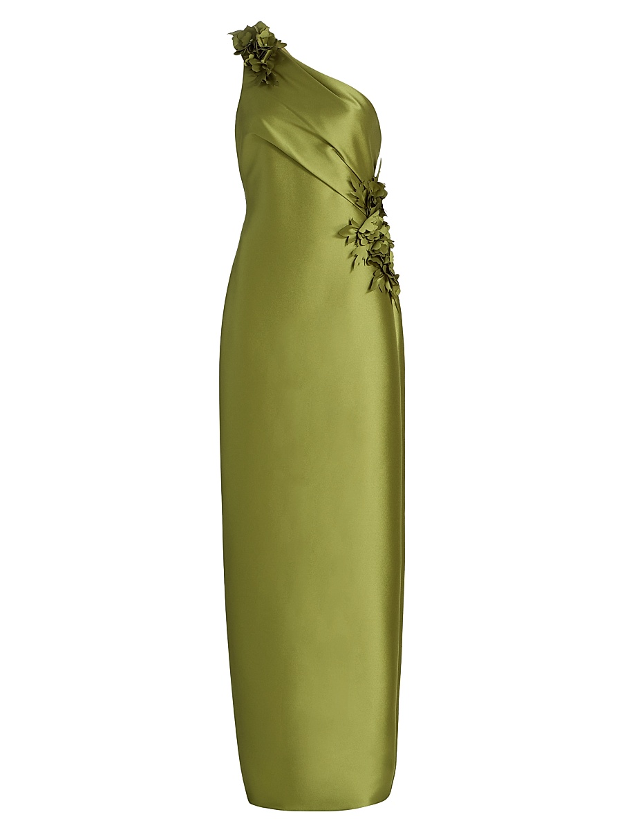 Women's Floral Appliqué One-Shoulder Gown - Chartreuse