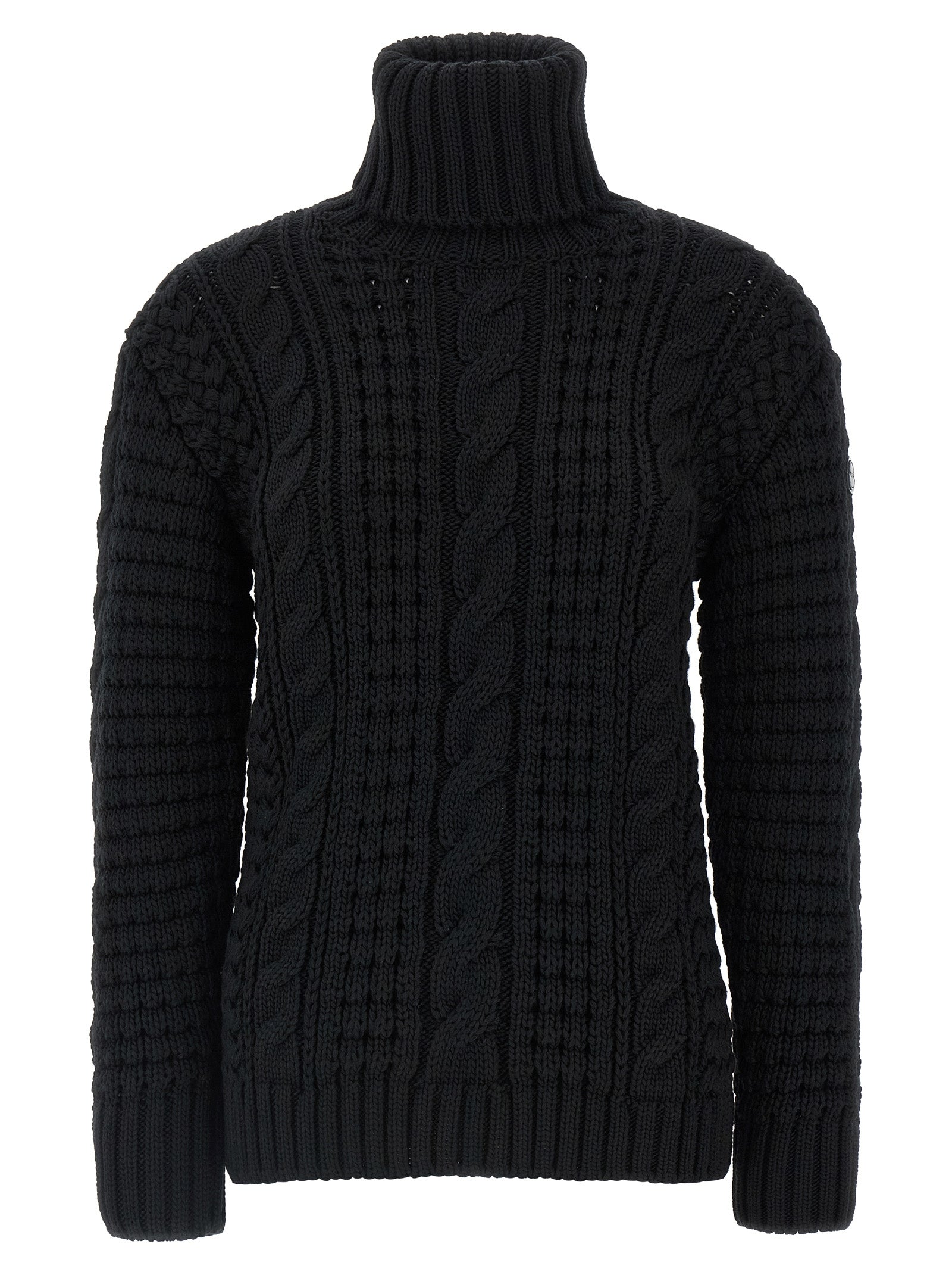 Cable-Knit Virgin Wool Turtleneck Sweater — Black