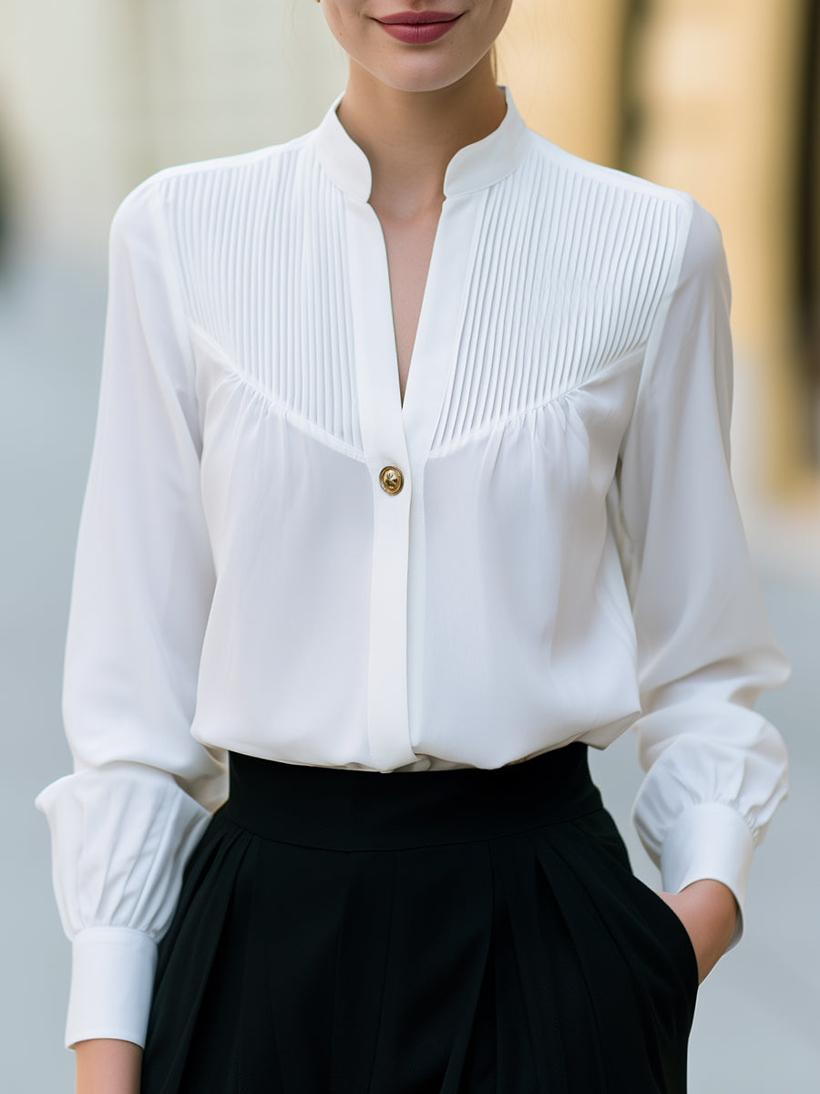 Pleated Yoke Stand Collar Button Blouse - White