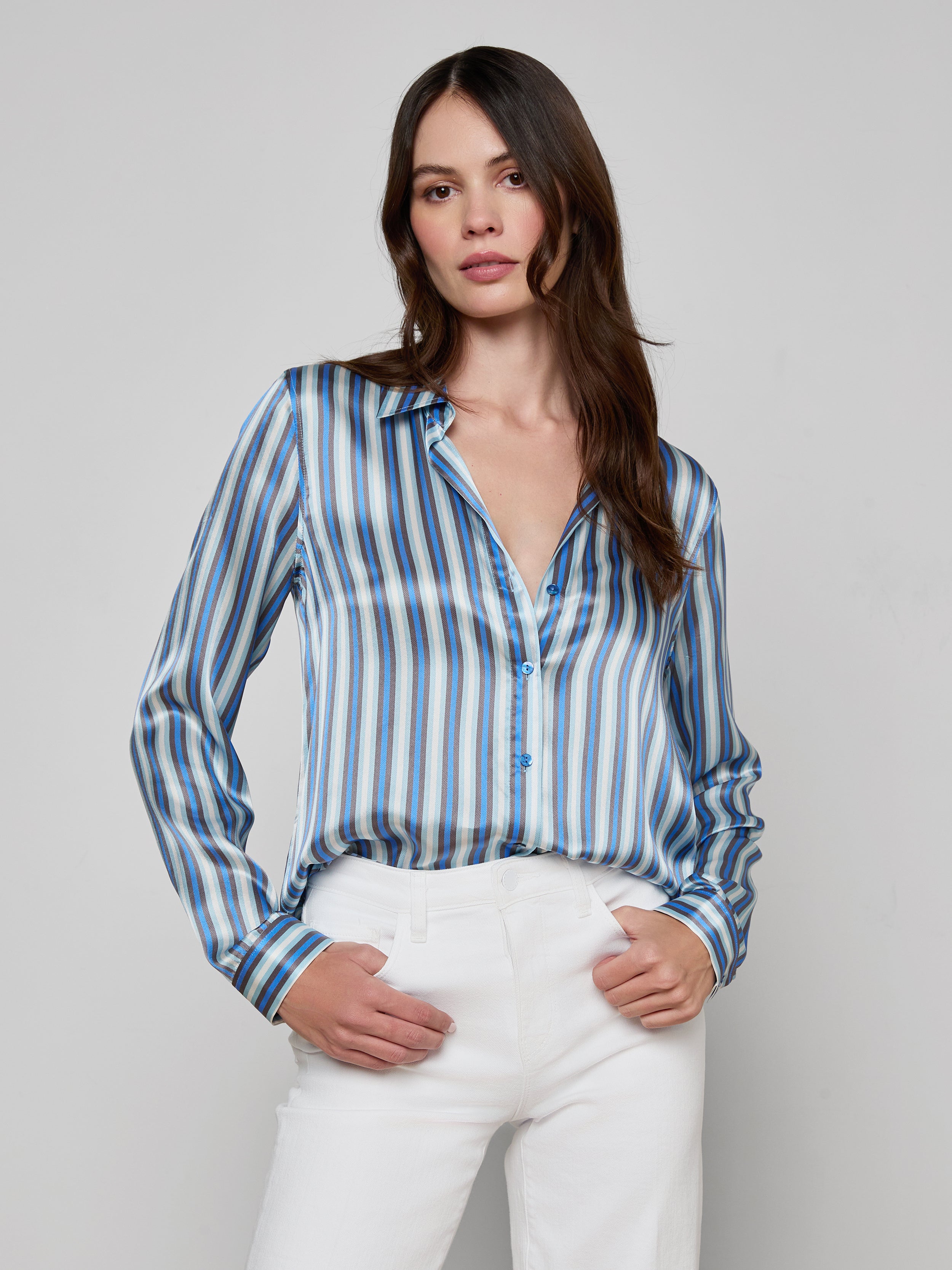 Tyler Silk Blouse Top In Blue Multi Herringbone Stripe