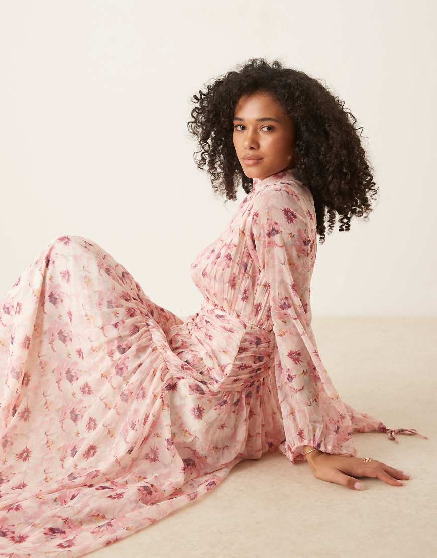 High neck ruched chevron detail maxi dress in pretty floral print-Multi