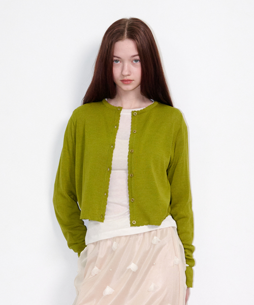 Sheer Scallop Linen Cardigan Olive