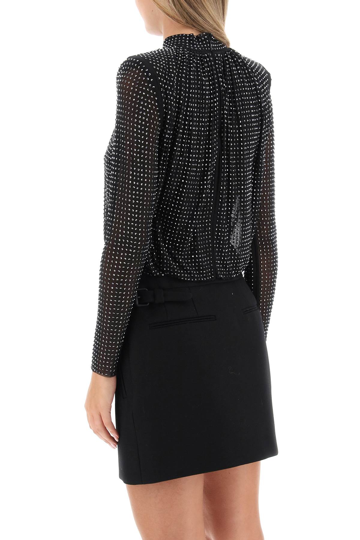 Rhinestone-Studded Mesh Long-Sleeved Top