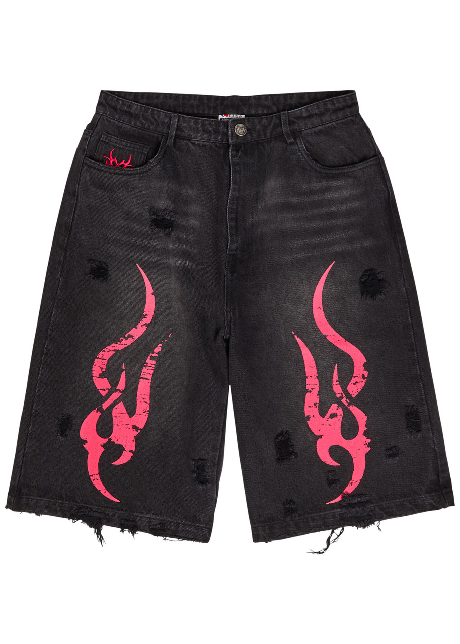 Tribal-printed Denim Shorts