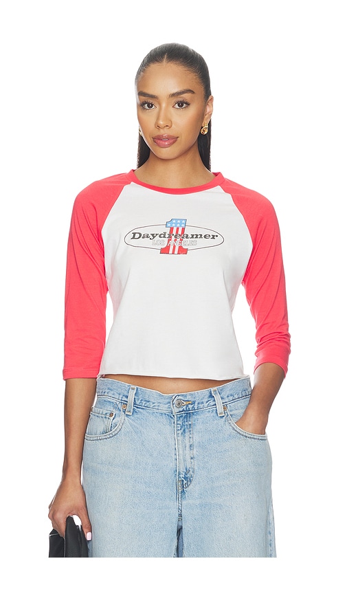 DAYDREAMER Number One Raglan Tee in Deep Sea Coral Combo. XS also in S, M