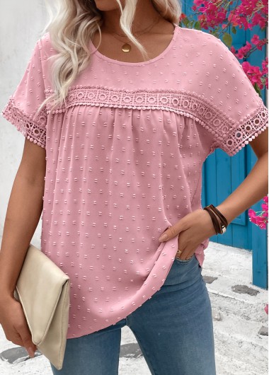 Modlily Light Pink Patchwork Short Sleeve Round Neck T Shirt