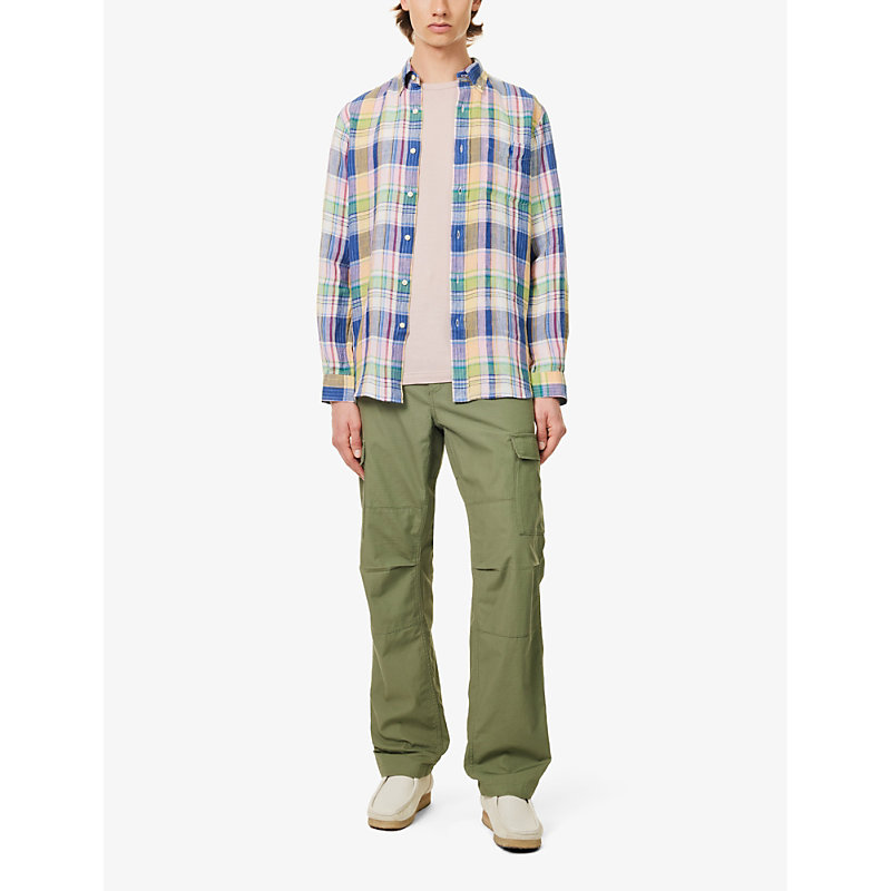 Mens 6357b Navy/pink Multi Check-pattern Regular-fit Linen Shirt 