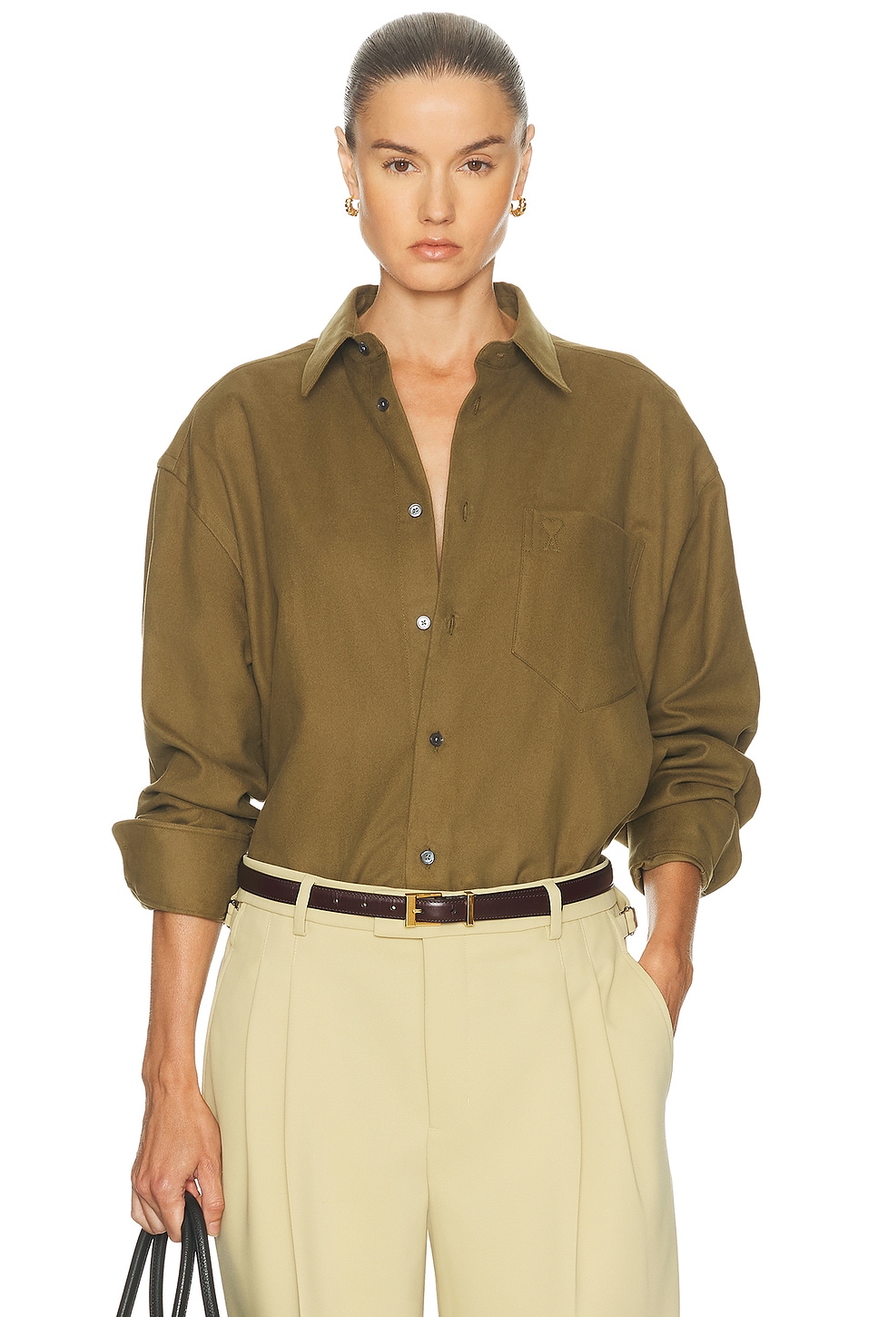 AMI Paris Boxy Button Up Top in Bronze - Olive. XS also in L