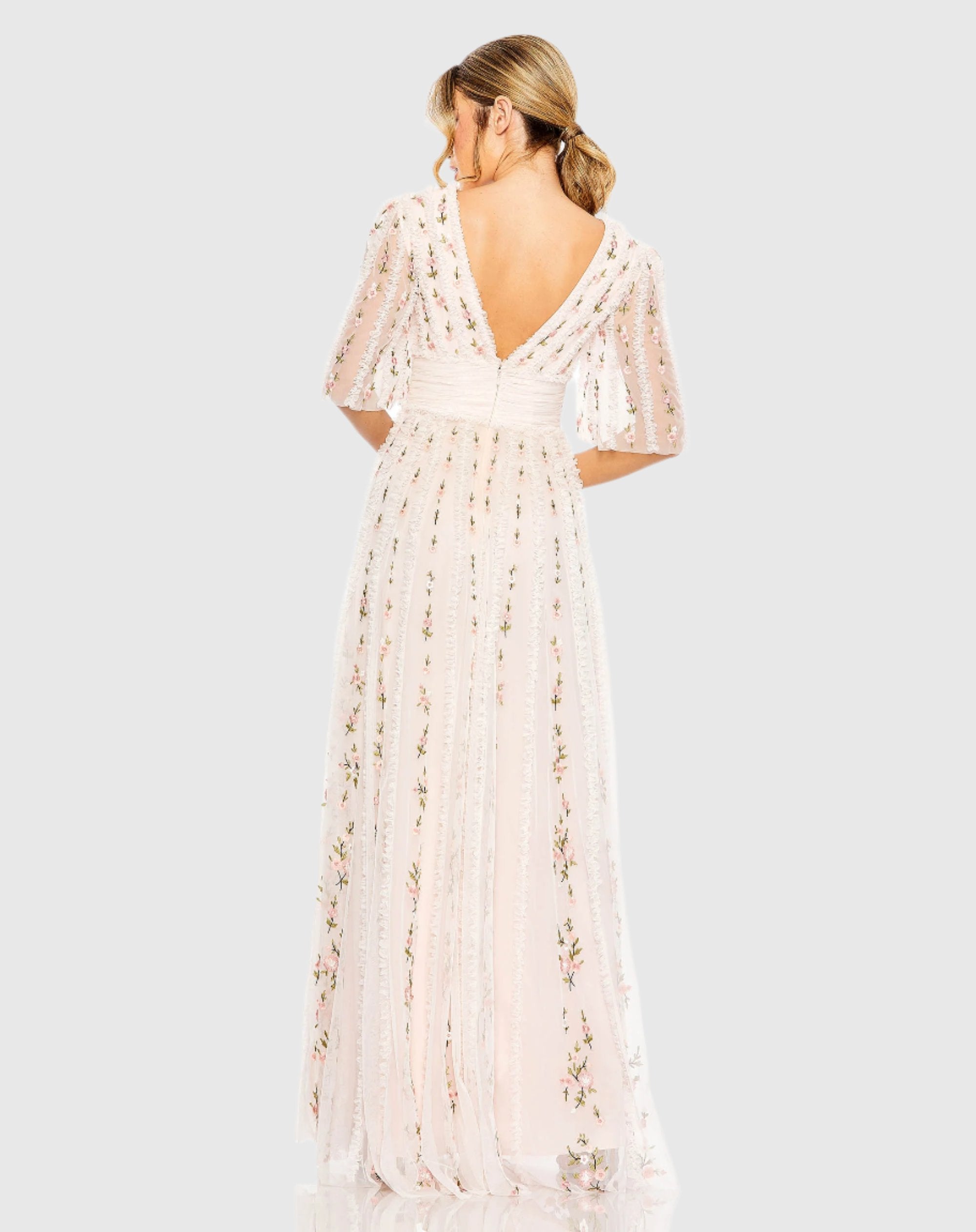 Floral V-Neck Ruffle Detail Empire Waist Wedding Guest Maxi Gown In Light Pink Multi