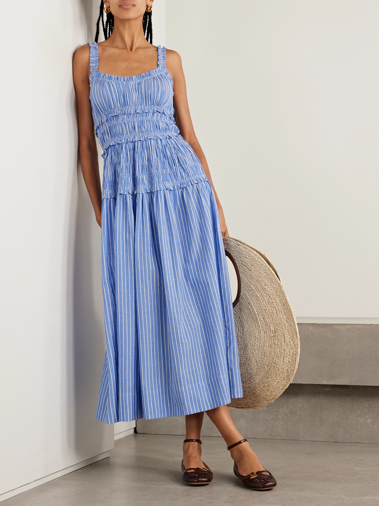 Marianne Shirred Striped Cotton-poplin Midi Dress - Blue