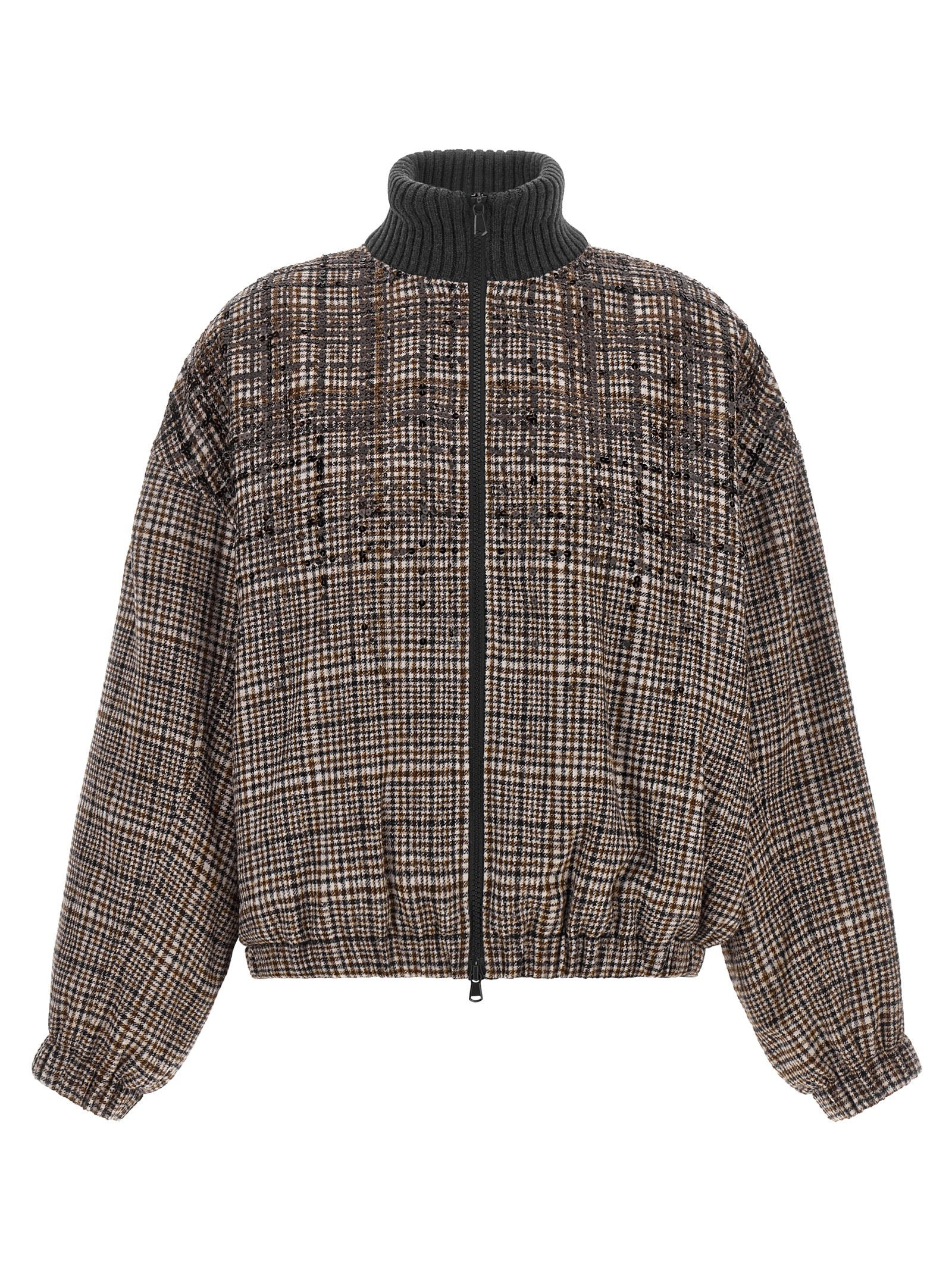 Sequin-Embellished Check Bomber Jacket — Brown