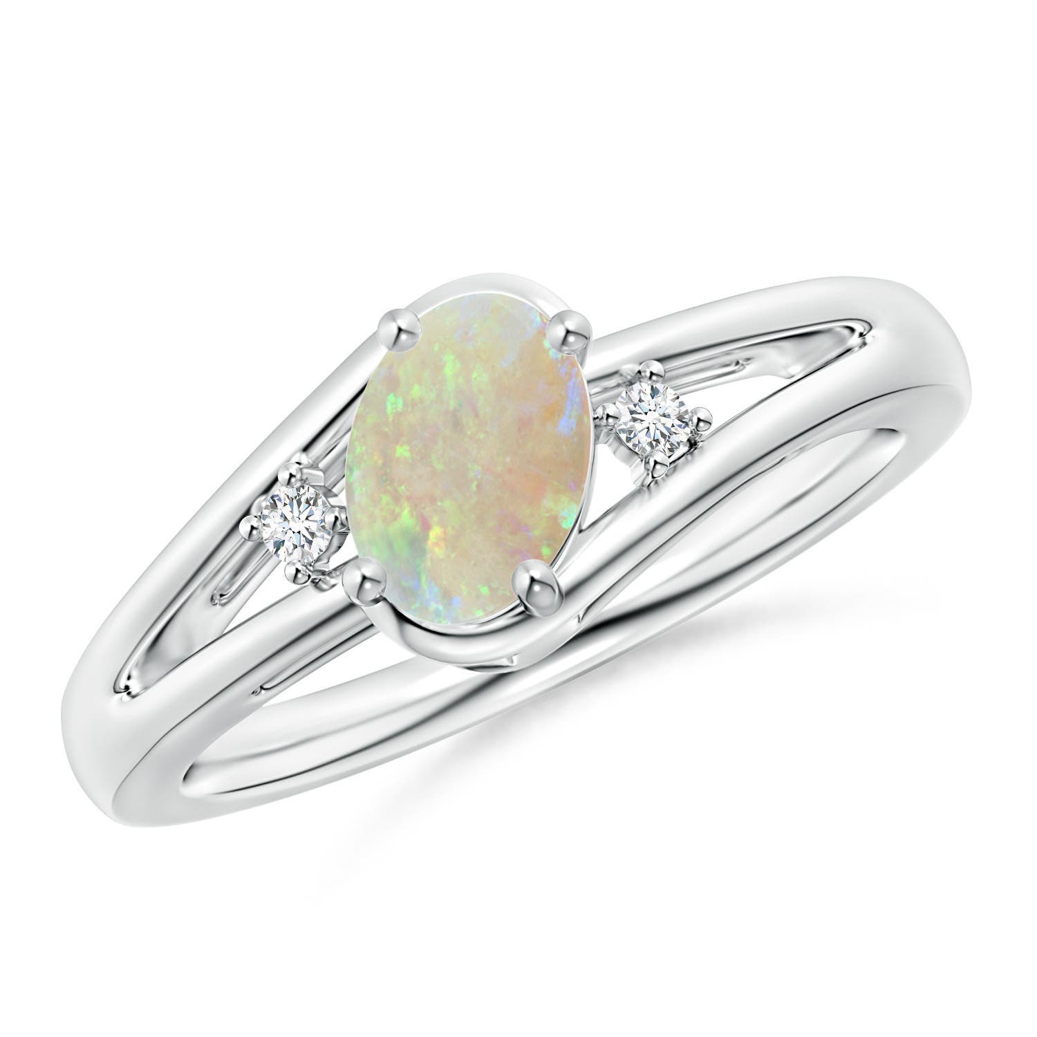 Angara 0.45 Carat Prong-Set Opal and Diamond Split Shank Ring in Platinum