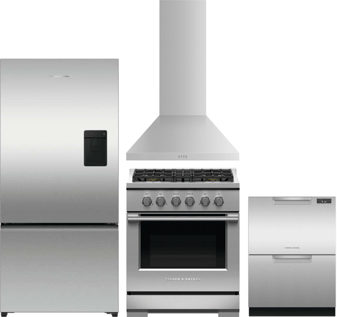 Fisher & Paykel 4 Piece Kitchen Appliances Package with Bottom Freezer Refrigerator, Gas Range and Dishwasher in Stainless Steel FPRERADWRH
