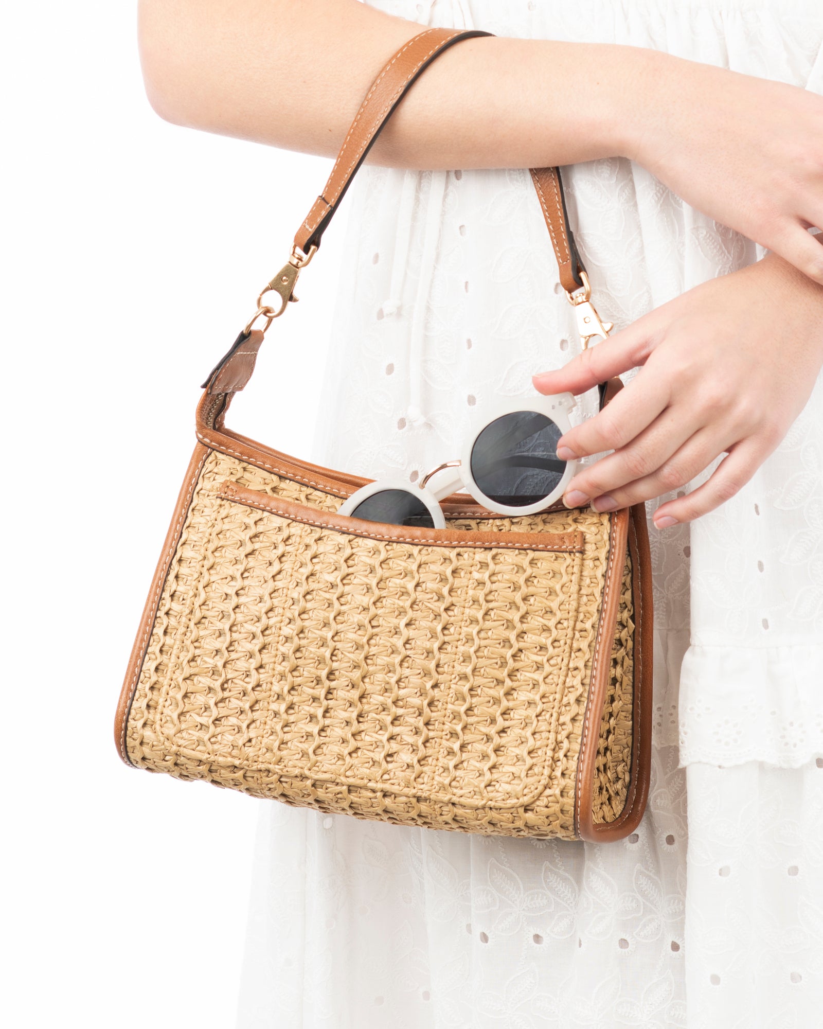 Lil Zippy Women's Small Zip Pouch with Crochet Raffia and Leather Trim for Women