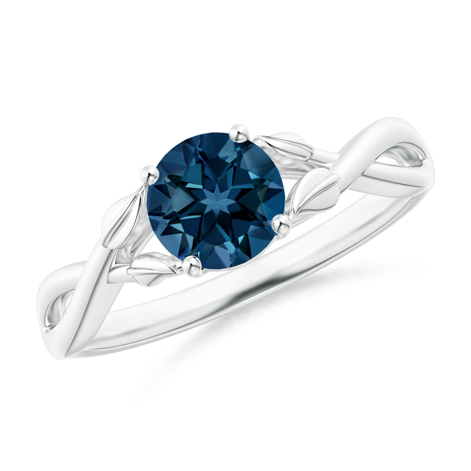 Angara 0.95 Carat Nature Inspired London Blue Topaz Crossover Ring with Leaf Motifs in Platinum