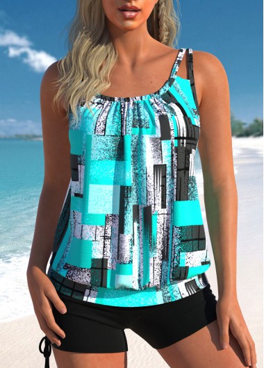 Modlily Ruched Geometric Print Cyan Tankini Top