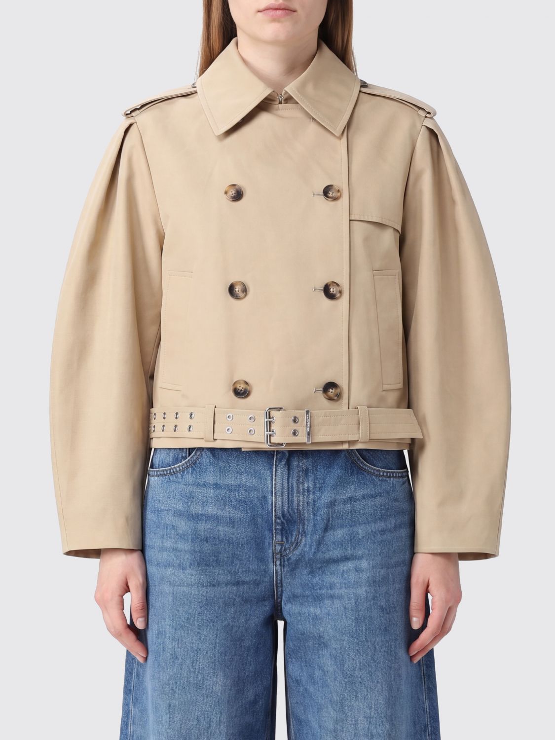 Cropped Double-Breasted Cotton Trench Coat with Balloon Sleeves