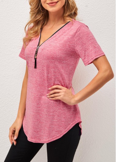 Modlily V Neck Pink Tassel Detail Short Sleeve T Shirt