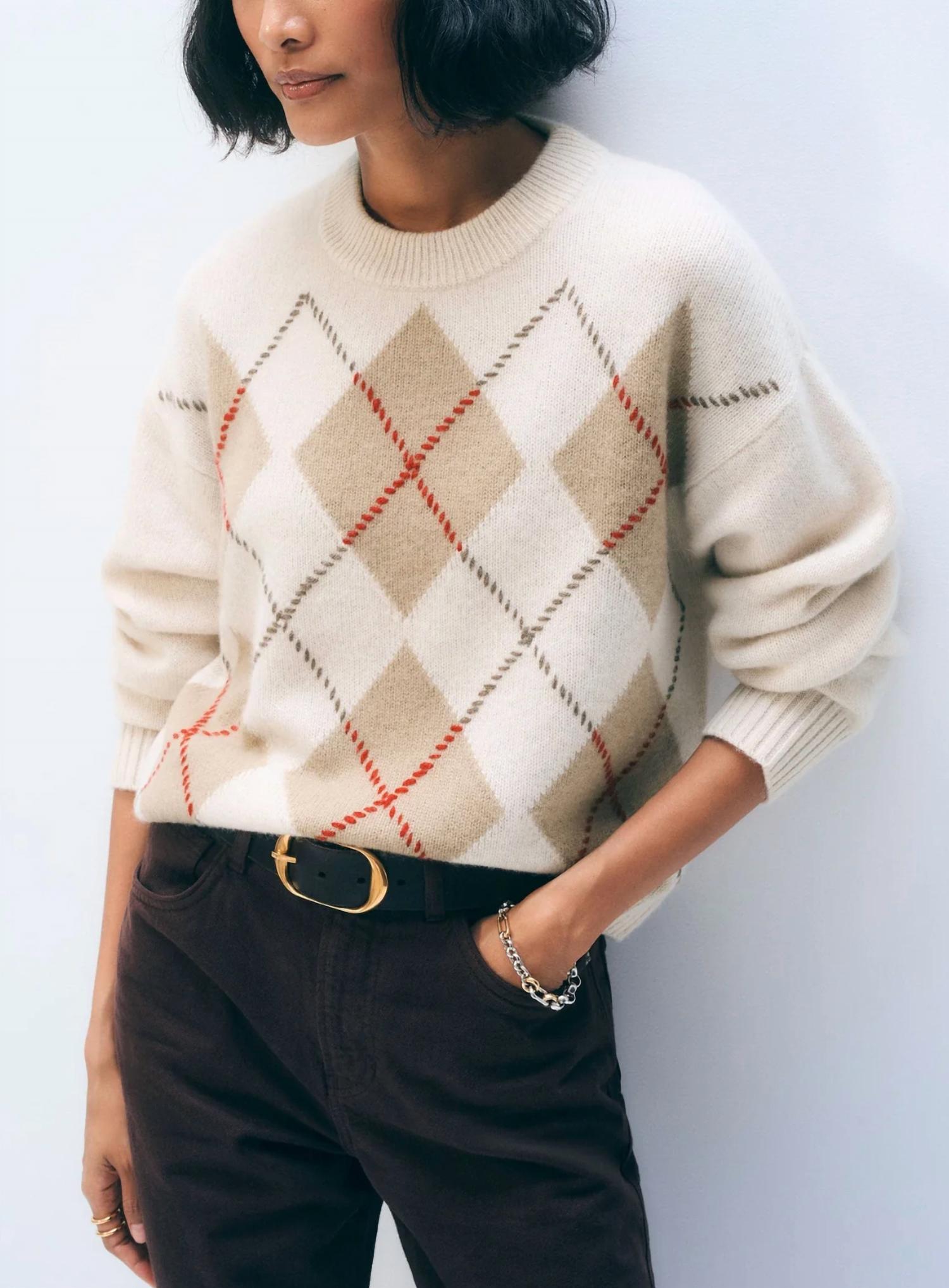 Cashmere Argyle Crew Sweater In Natural Combo