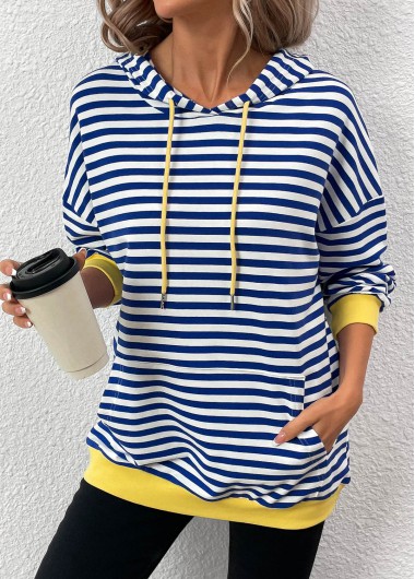 Modlily Blue Patchwork Striped Long Sleeve Hoodie