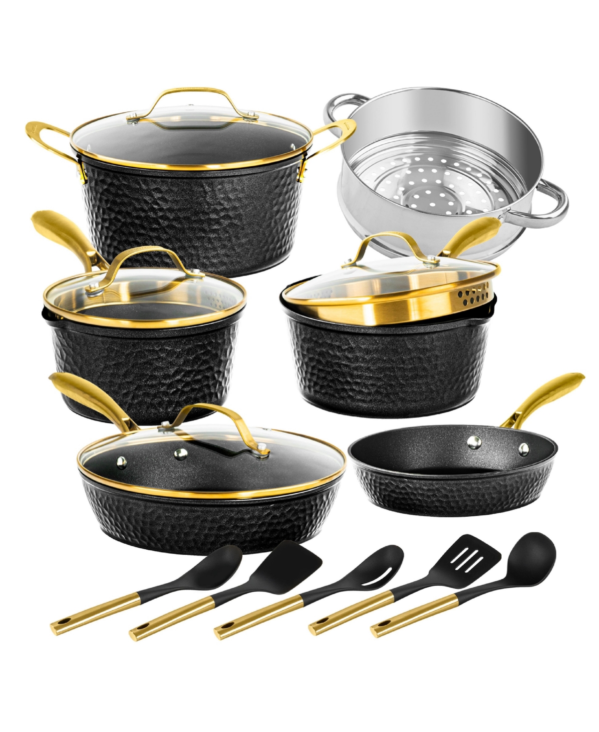 Charleston Collection 15-Piece Hammered Ceramic Coating Nonstick Cookware Set - Black