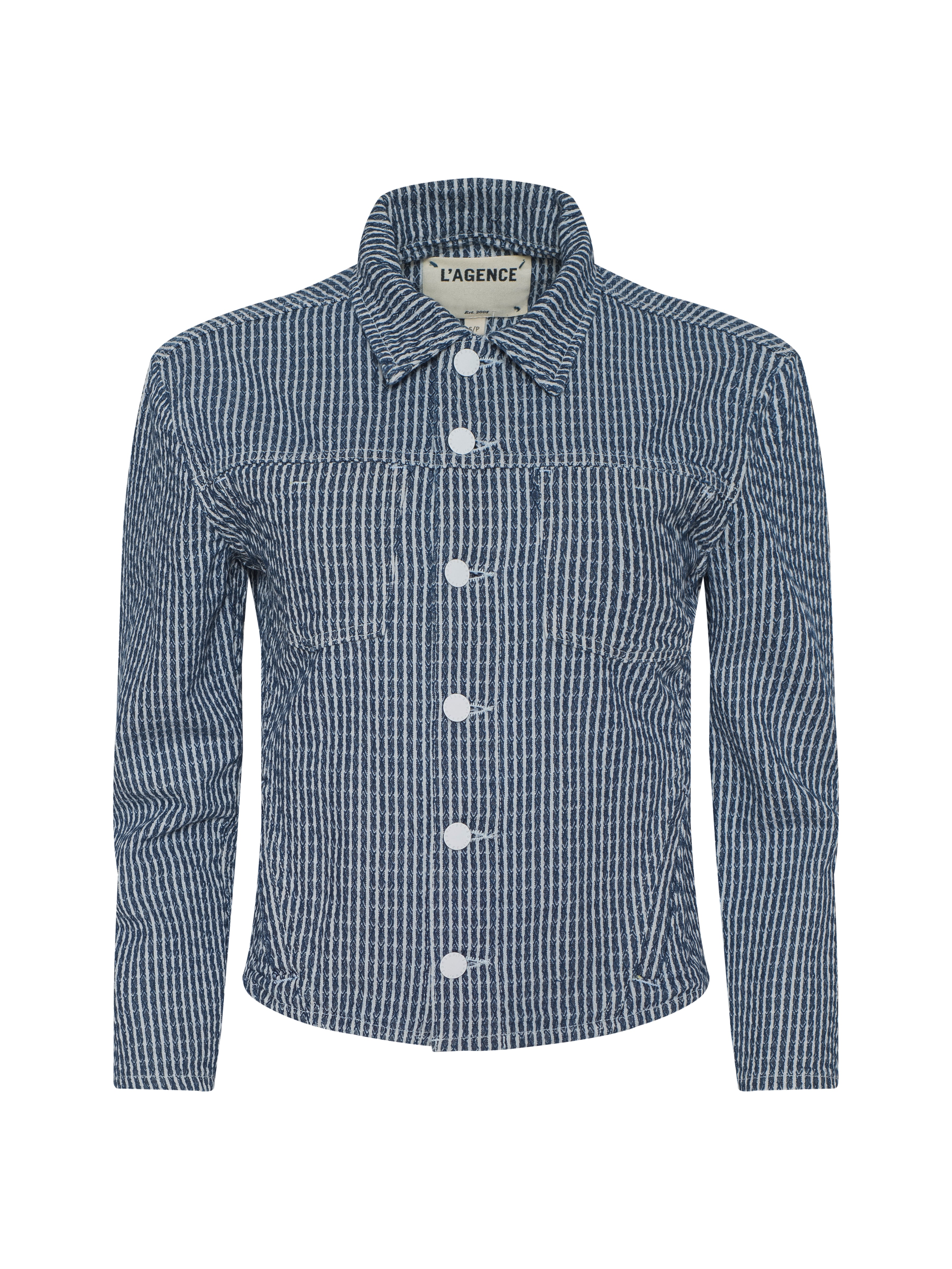 Nelly Cropped Jean Jacket In Vista Blue Stripe