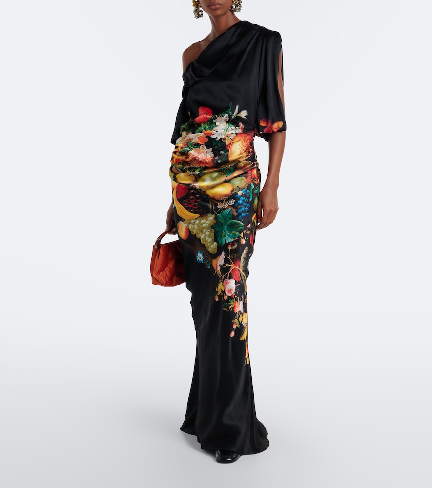 Draped printed silk satin gown