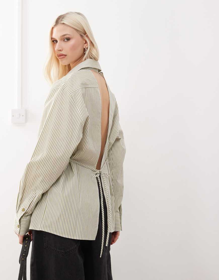 COLLUSION open back shirt in green & white stripe