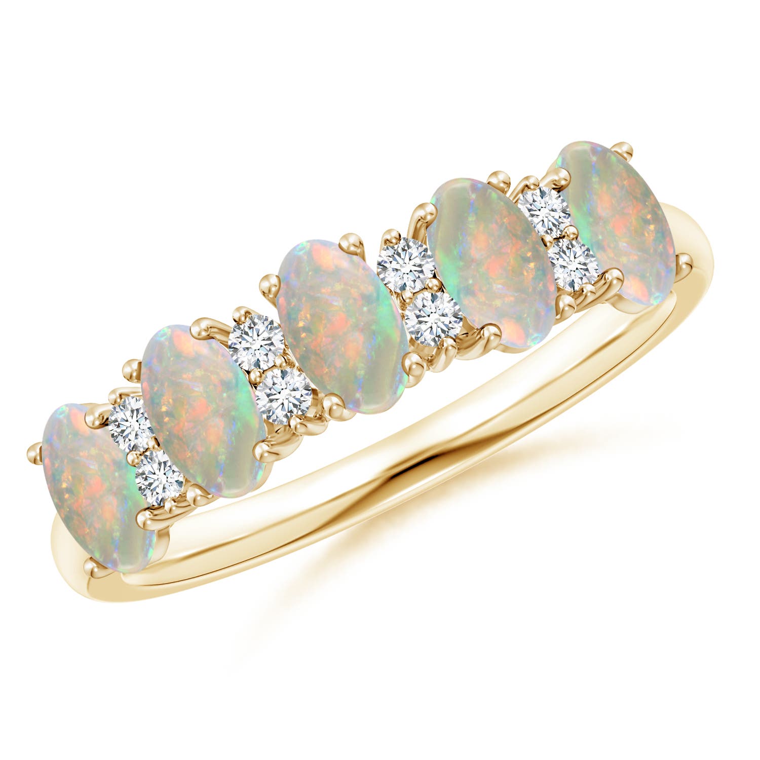 Angara 0.75 Carat Five Stone Opal and Diamond Wedding Ring in 14K Yellow Gold