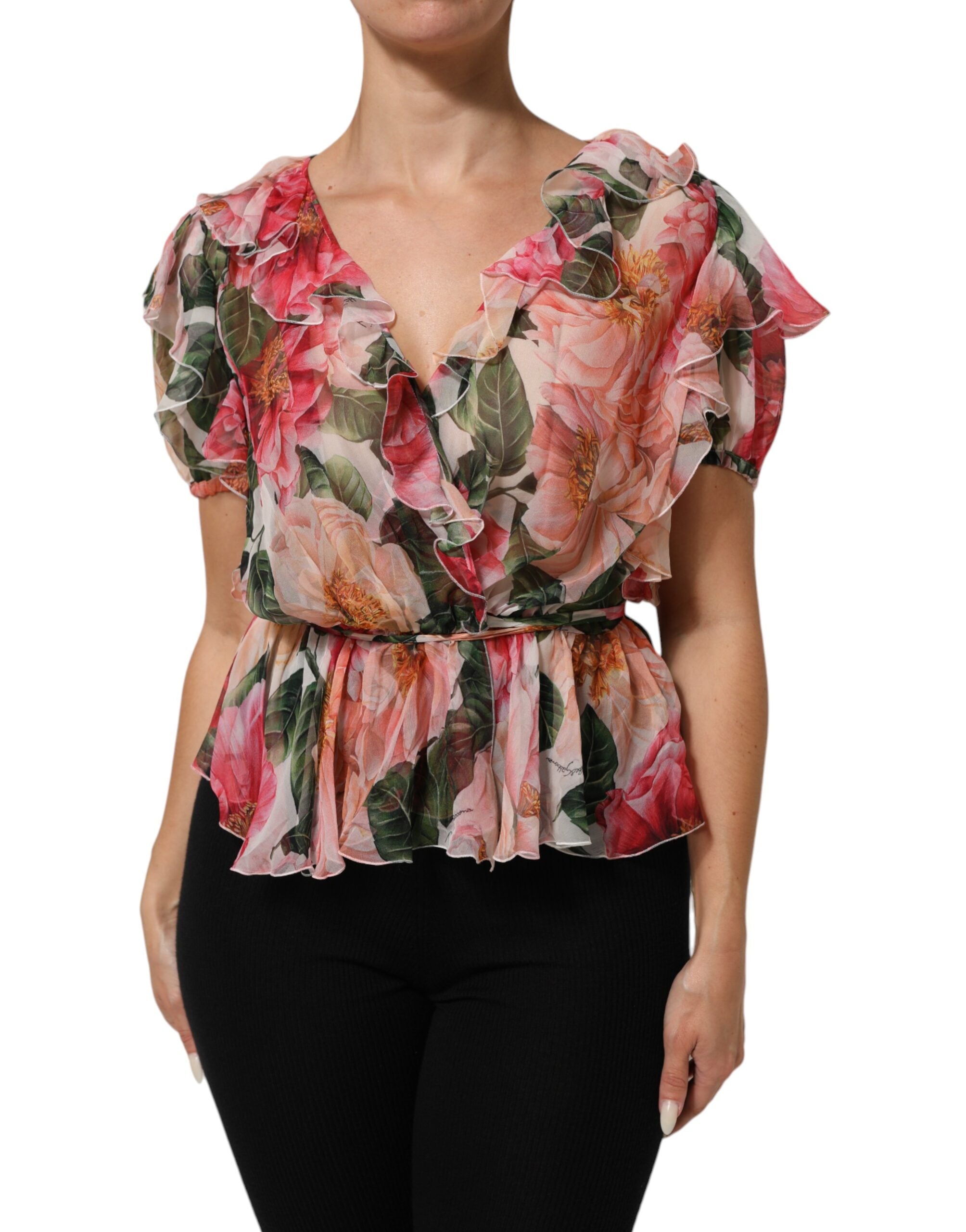 Camellia-Print Silk Blouse — Pink