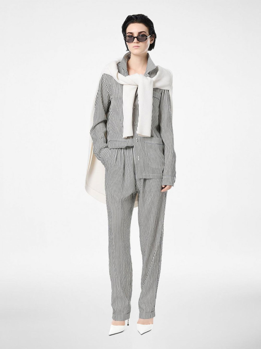 Striped Silk Pj Shirt With Piping And Tonal Tf Embroidered Logo