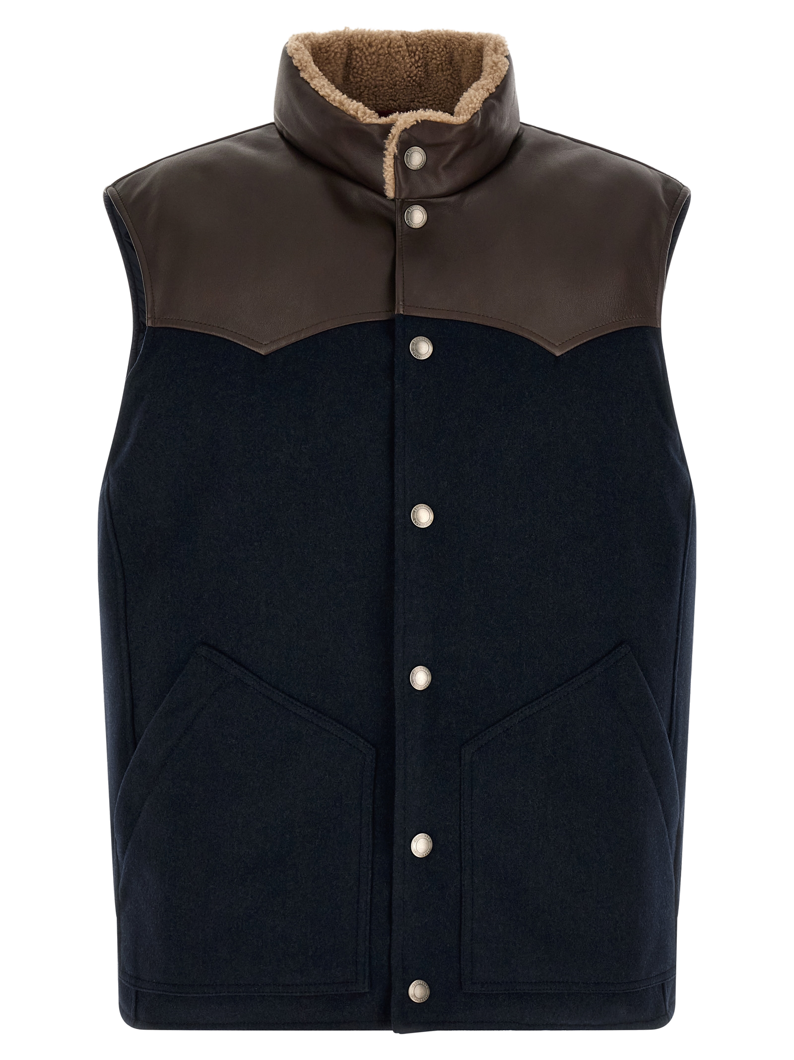 Wool and Leather Colour-Block Vest — Navy