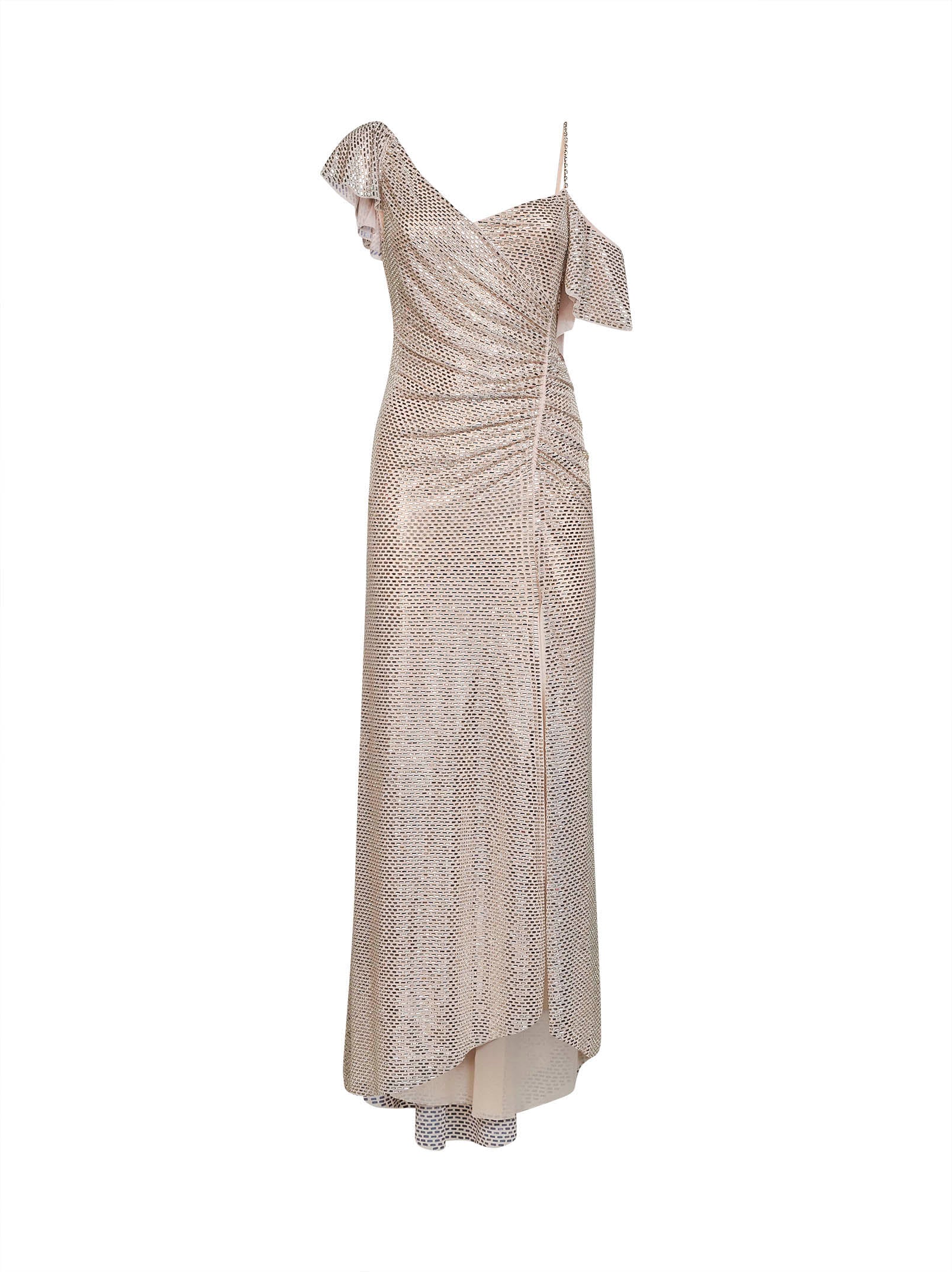 Rhinestone-Embellished Tulle Dress — Beige