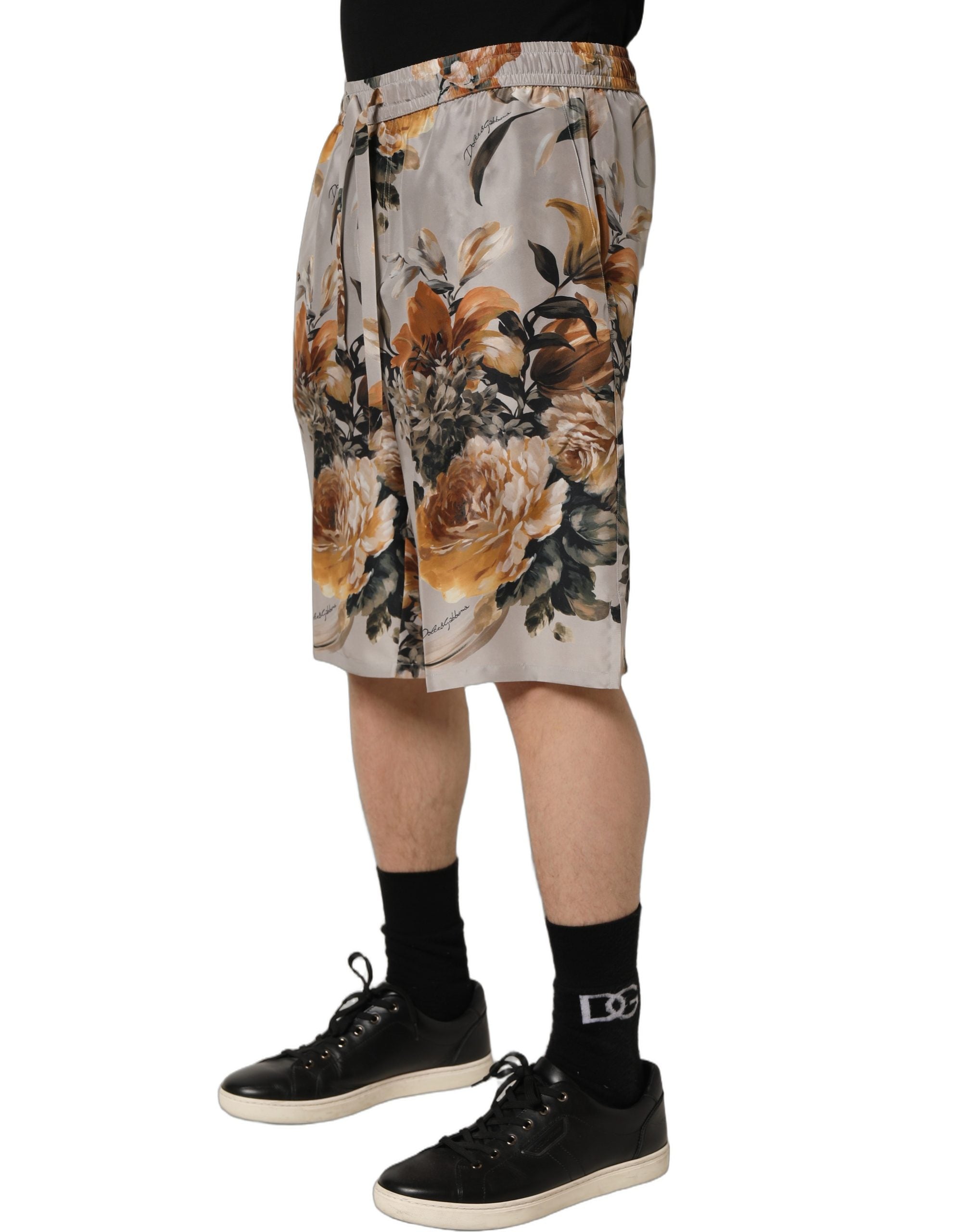 Floral-Print Silk Bermuda Shorts — Beige