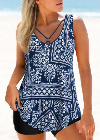 Modlily Metal Ring Patchwork Navy Tankini Top