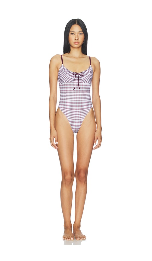 Good American Plaid Drawstring One Piece Swimsuit in Baby Blue. - L also in M