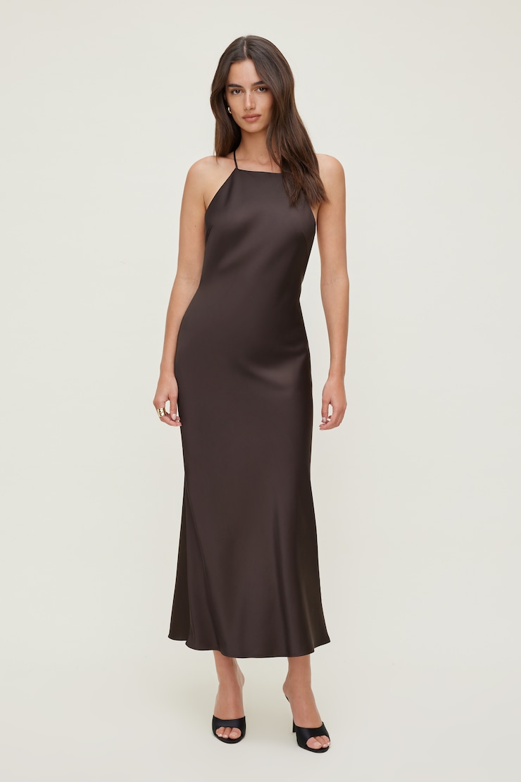 Open Back Satin Maxi Slip Dress - Brown - Women Clothing